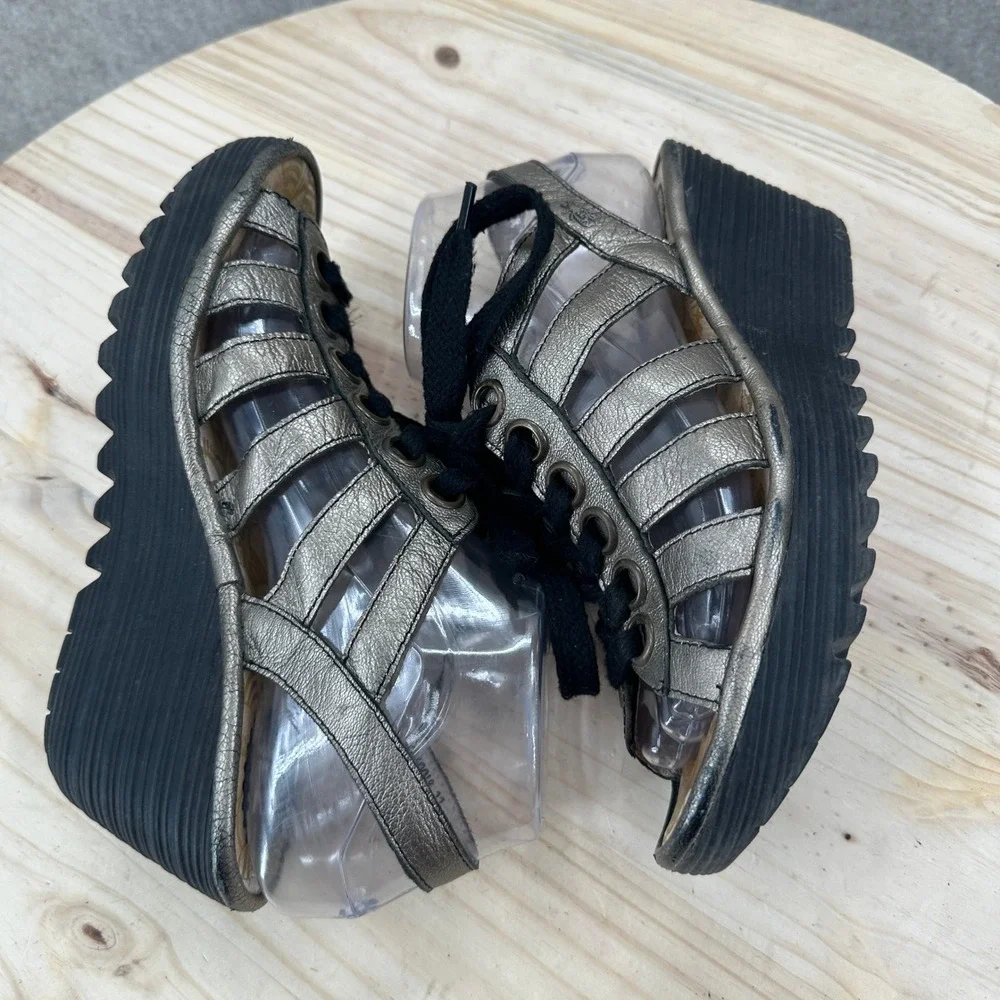 Fly London Yito Platform Sandals Womens 6.5-7 Bronze Metallic Lace Up Wedge